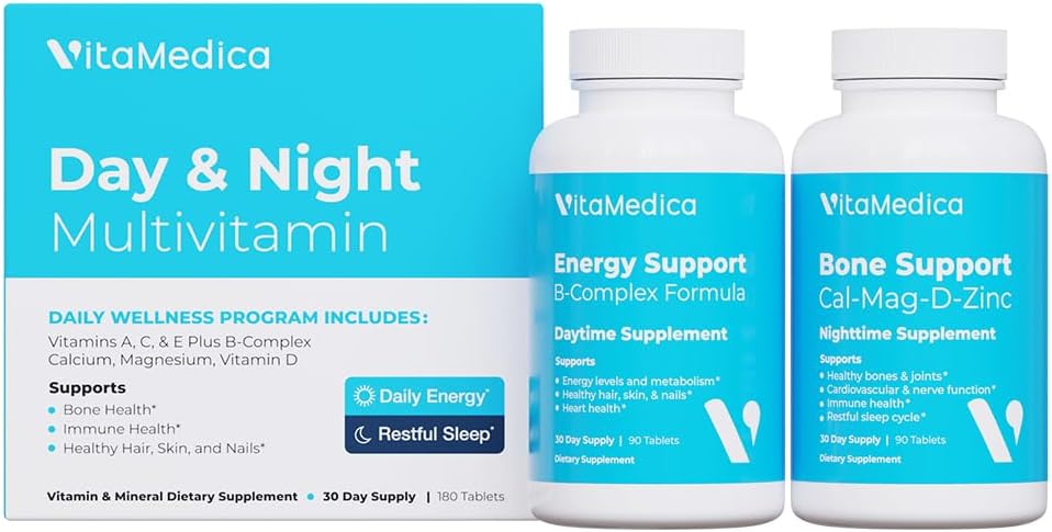 Multivitamin Day & Night Routine | 에너지 및 정신, 뼈 및 관절, 아름다움, 휴식 수면 | 30 일 공급 | 비타민 A, C, D, E, B 복합 | 마그네슘, 바이오틴, 아연, 식물, 미네랄
