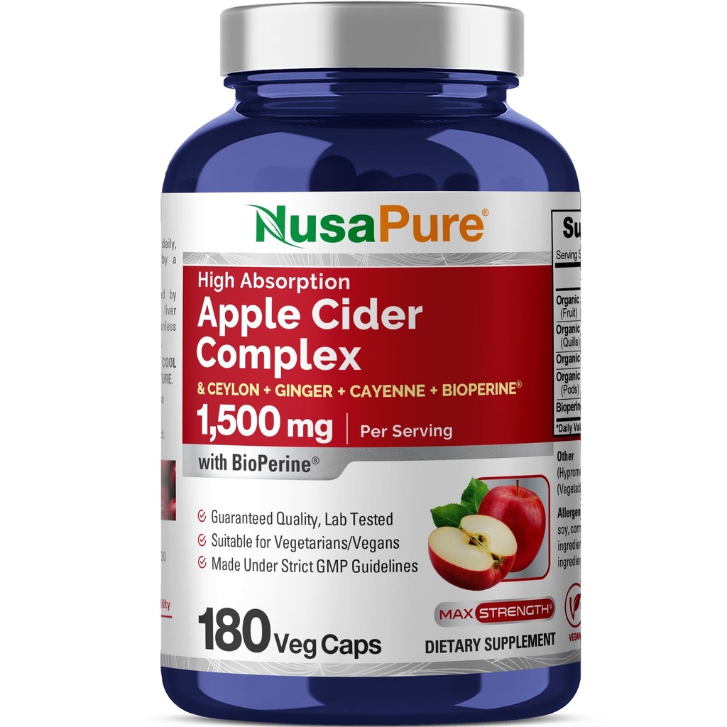 NusaPure Apple Cider Vinegar Complex 1500 mg 180 Veg 모자 Vegetarians와 Vegans, 비 GMO를 위해 적당한