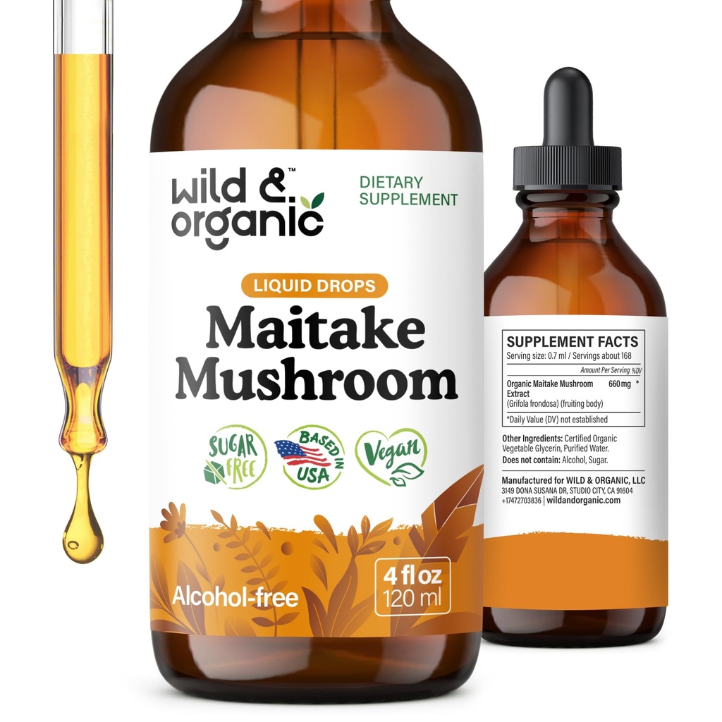 야생 & 유기 Maitake 버섯 Tincture - 면역 지원 보충교재 - 액체 Maitake 버섯 추출물 - Vegan, Sugar & Alcohol-Free Drops - 4 fl oz