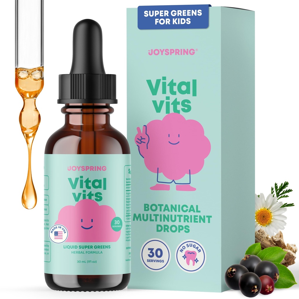 JoySpring Vital Vits - Kids Liquid Multivitamin - 1 fl oz (30 서빙) | 아이들을위한 초본 액체 비타민 | 천연 향 | Elderberry, Spirulina 및 기타와 함께 유아 멀티 비타민