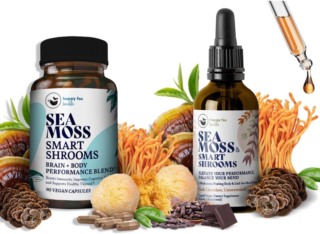 두뇌 Superfoods 번들 - 유기 바다 Moss & 스마트 슈룸, 캡슐 및 액체 드롭 번들, 유기 아일랜드 Seamoss 및 7 Adaptogenic 보충 교재 메모리 및 초점. 초콜릿 맛의 액체 드롭