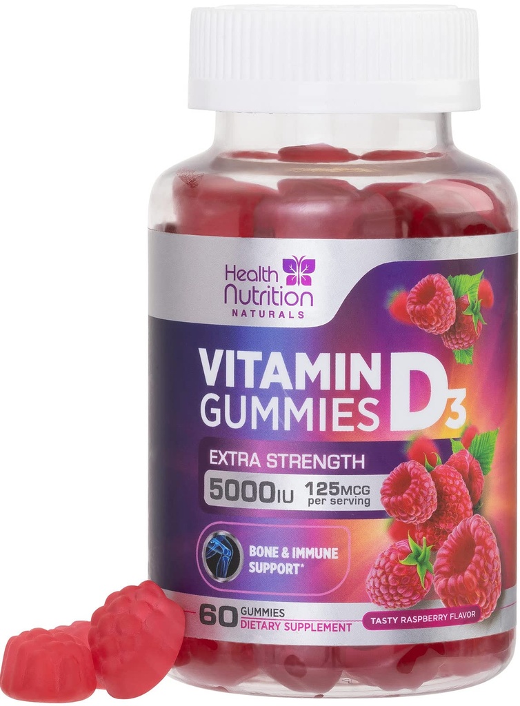 비타민 D3 Gummies 5000 IU (125 mcg) - 트리플 강도 뼈와 면역 지원, 비타민 D 거미 규정식 보충교재, 자연의 베리 D 비타민 보충, 라즈베리 맛, 비 GMO - 60 Gummies