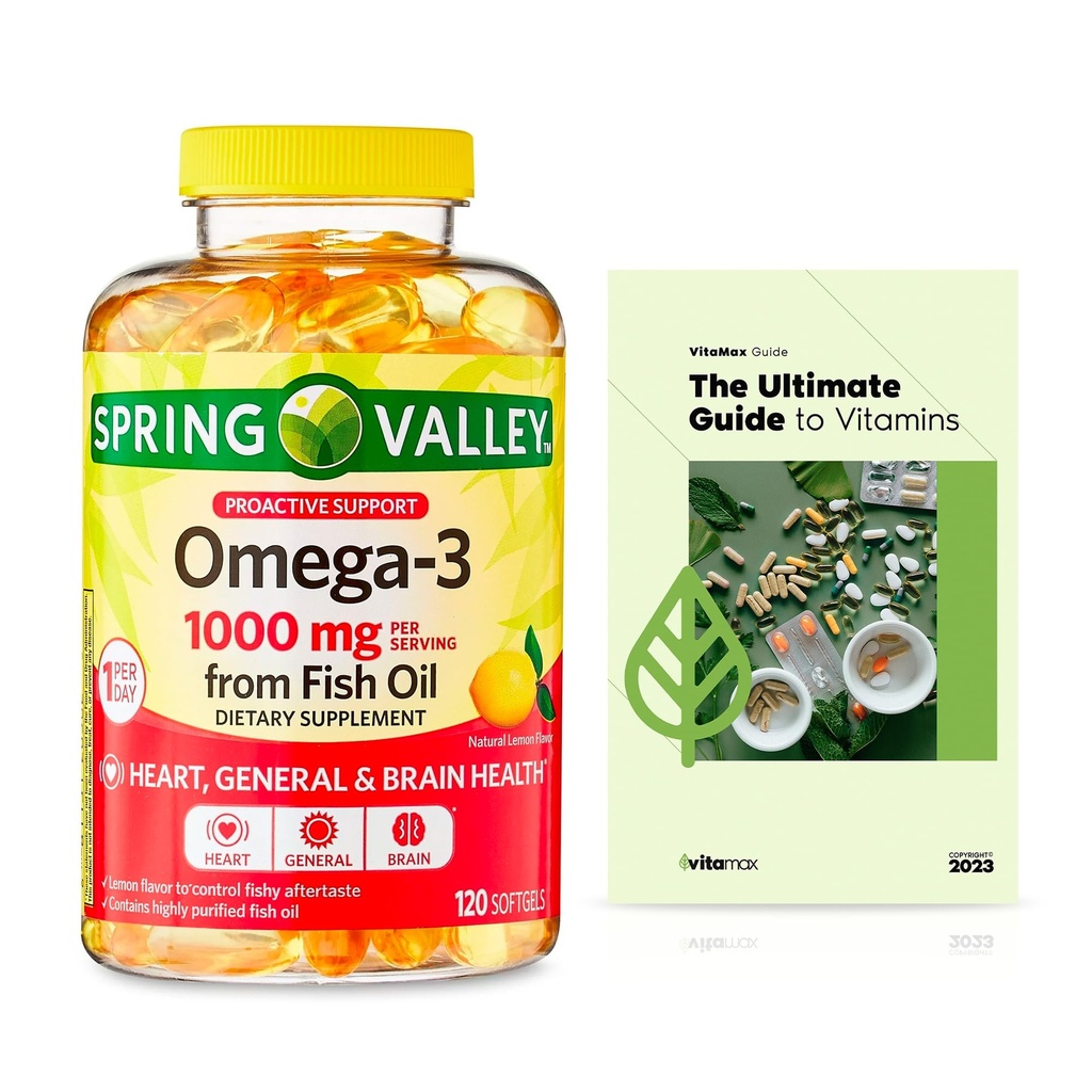 물고기 기름 1000 mg, 최대 배려, 120 조사 + 독점적인 VitaMax 비타민 가이드 (2개의 품목)에서 봄 밸리 Omega-3