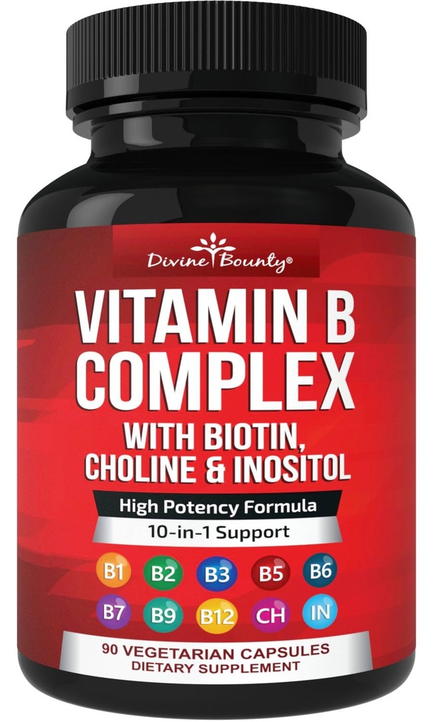 Divine Bounty Super B Complex Vitamins - B12, B1, B2, B3, B5, B6, B7, B9, Folic Acid - 비타민 B 보충 - 건강한 에너지 대사 지원 - 90 채식 캡슐