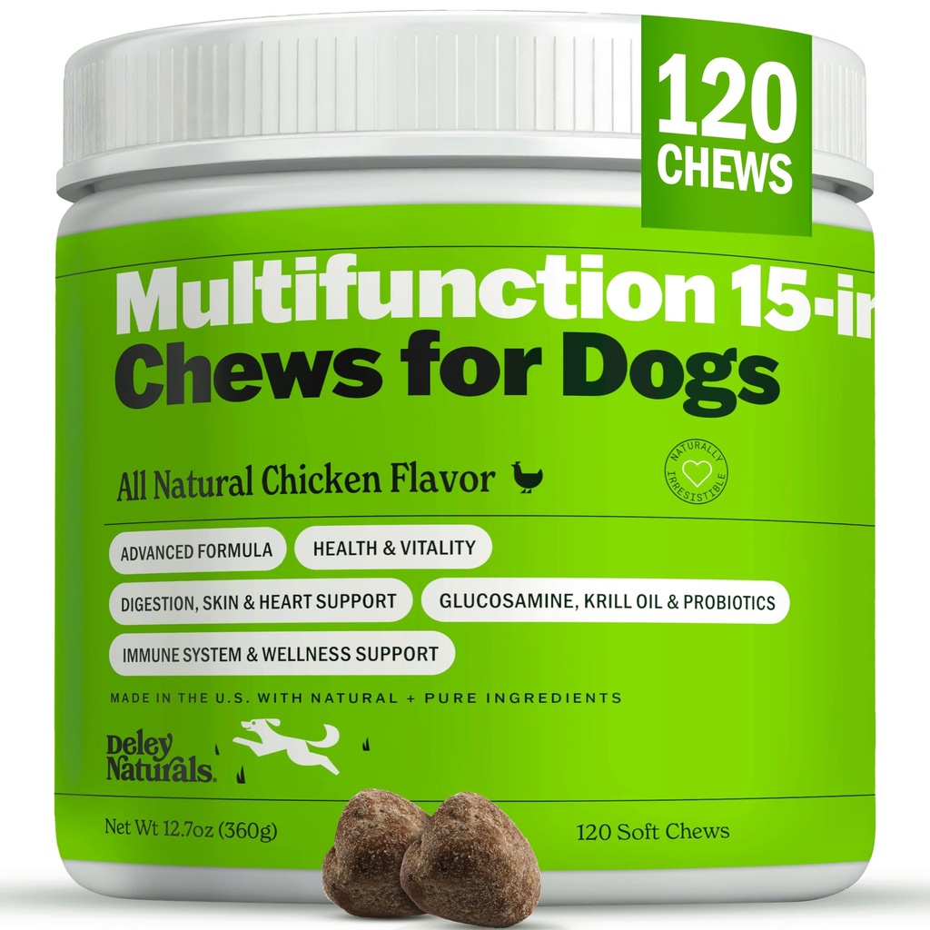 Deley Naturals 15 in 1 Multivitamin for Dogs - Immune Support, Joint, Skin, Digestion, Heart & overall Health - 매일 다기능 보충제 - 120 Chews
