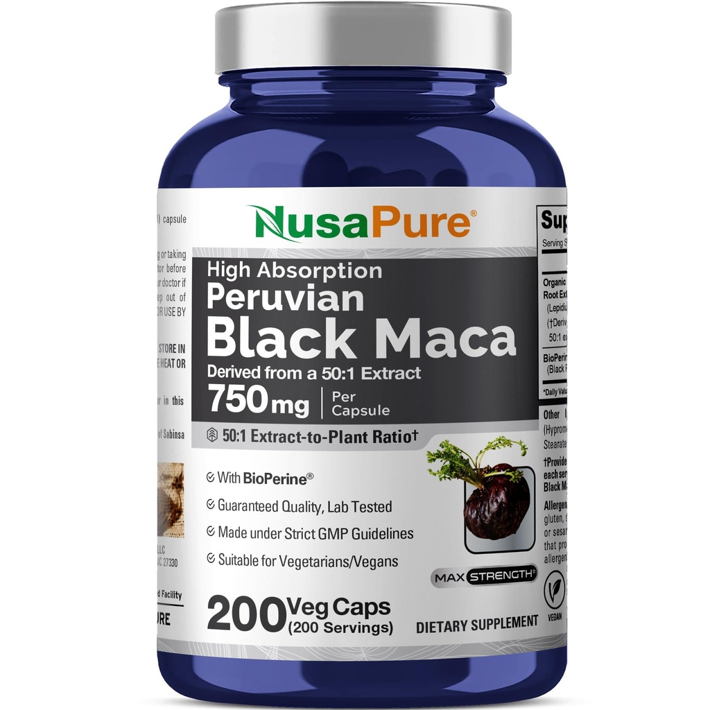 NusaPure 검정 Maca 뿌리 50:1 추출물, 모자 (비 GMO) 당 37,500 mg 200 Veggie와 동등한 750 mg