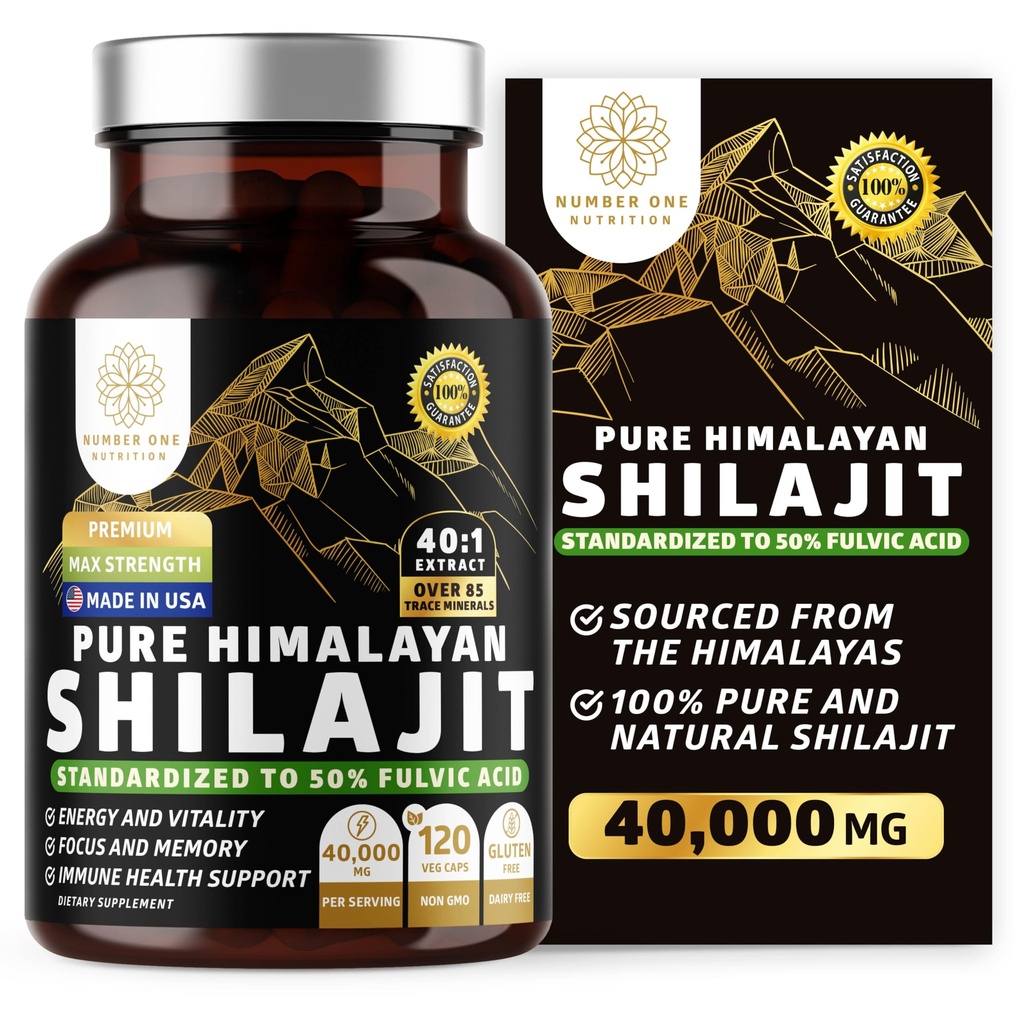 남자와 여자를 위한 순수한 Himalayan Shilajit 보충교재, [40,000MG의 최대 힘] 85 이상 추적 무기물과 가진 50% Fulvic 산은 에너지, 뇌 및 면역성, 120 Veg 모자를 지원합니다
