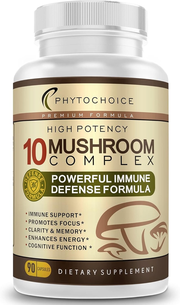 10 Mushroom Complex Nootropic 두뇌 보충 고급 혼합 최고의 기능 Mushrooms-Brain 메모리 초점 에너지, 면역 지원-Lions Mane-Reishi-Cordyceps-Chaga-Turkey 꼬리 (90 캡슐)