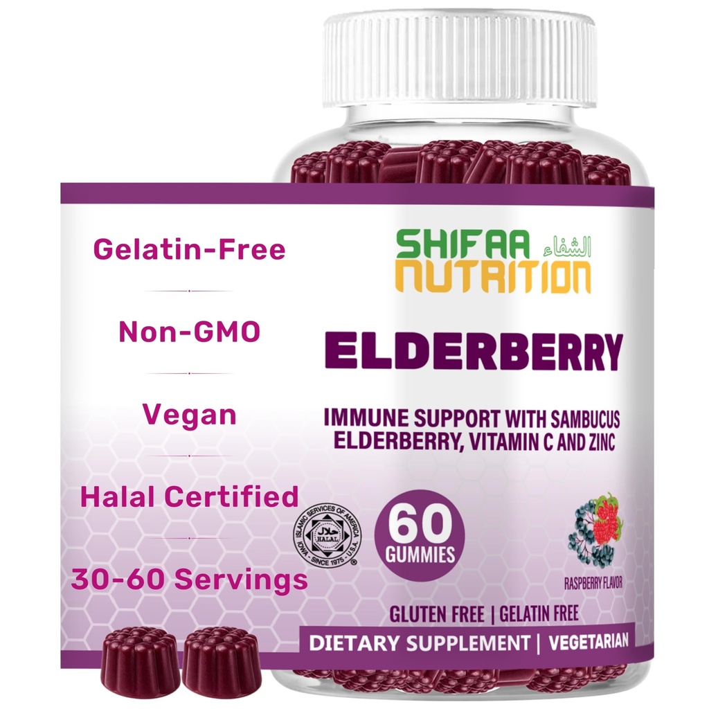 SHIFAA NUTRITION Vegan Black Sambucus Elderberry Gummies | 비 GMO | 60 Gummies, 30 서빙 w / 100mg Elderberry, 90mg 비타민 C, 7.5mg 아연 | 면역 지원, 항산화 Flavonoids Halal 비타민