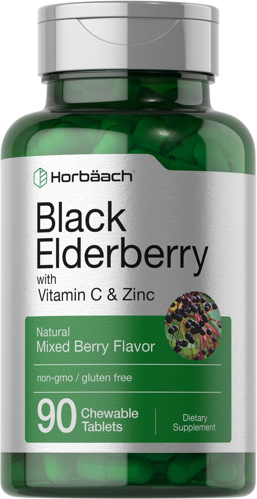 Horbaach Black Elderberry with Vitamin C and Zinc | 90 Chewable Tablets | 혼합 Berry 맛 | 면역 지원단 | 채식주의, 비 GMO 및 글루텐 무료 보충