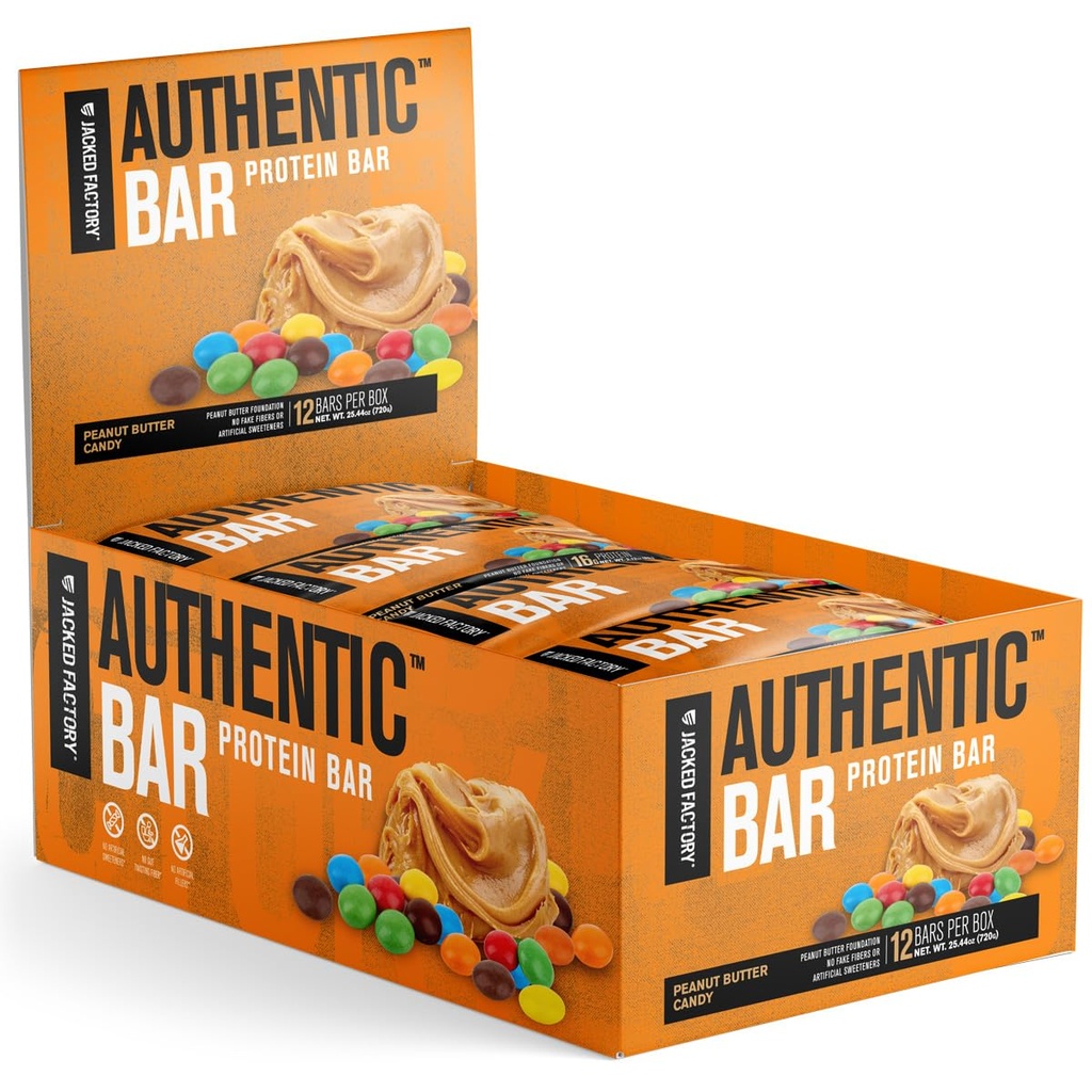 Jacked Factory Authentic Bar Peanut Butter Candy Protein Bar - 맛있는 식사 교체 에너지 바 w / 16g Whey Protein Isolate, 순수 꿀, 건강한 지방의 천연 설탕 - 12 팩