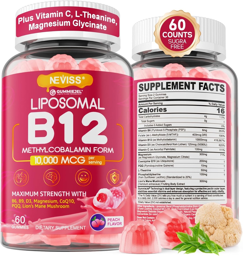 메틸 B12 Gummies 5000 mcg/10000 mcg w/L-Methylfolate, B6의 사자 Mane 버섯, CoQ10, PQQQ, 마그네슘 글리세라이드, 에너지, 초점, 하수구 & 면제 1Pack를 위한 여분 힘 Liposomal 비타민 B12 Complex