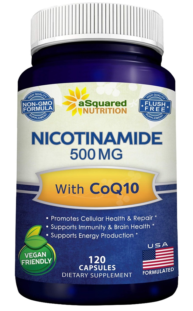 CoQ10 (120 캡슐)를 가진 니코틴 아미드 - 비타민 B3 500mg (니아신아미드 플러시 무료) - Coenzyme Q10 분말 - VIT B-3 & Coq 10 보충 알약 지원 에너지, NAD, & 피부 세포 건강