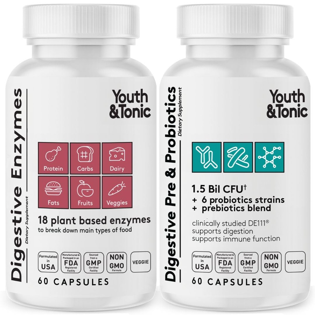 청소년 & Tonic 소화 보충, 정기 및 Gut 건강. Full Spectrum Enzymes Probiotics & Prebiotics for Digestion to Break Down Food and to Use Daily, 여성 및 남성 - 120 알약