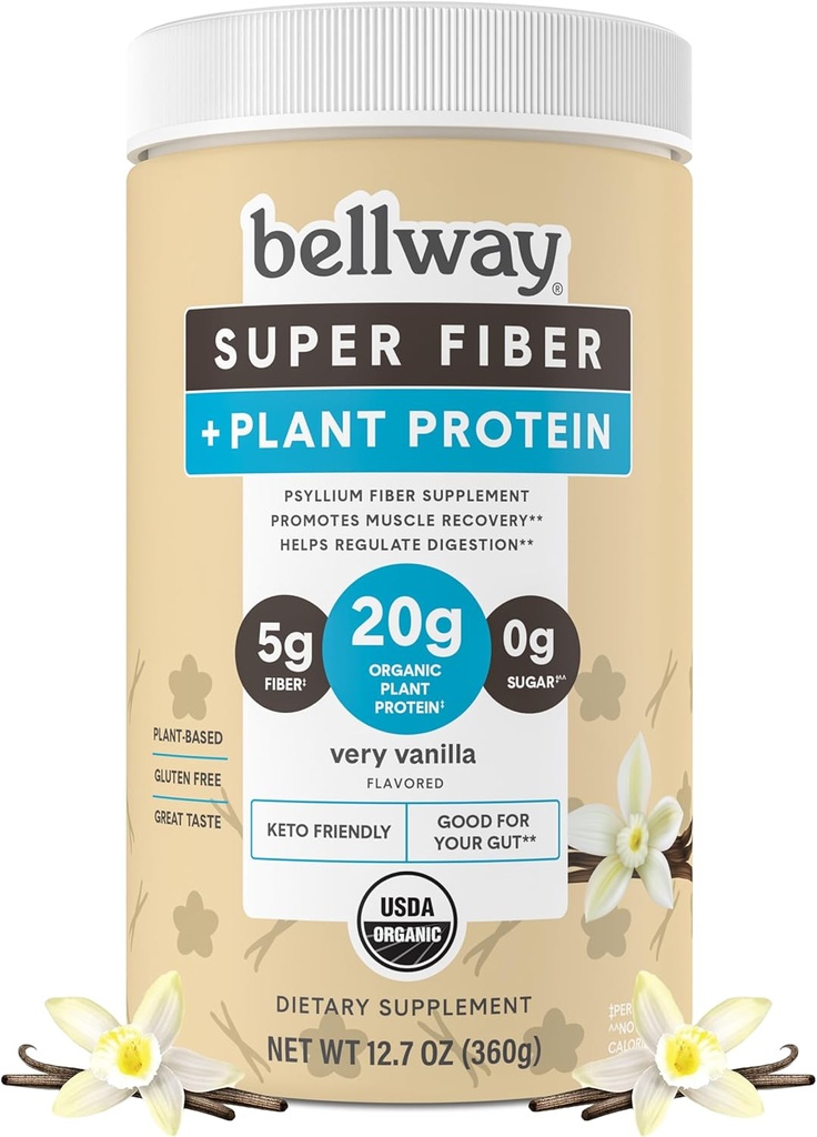 Bellway Super Fiber + Protein Powder, Sugar-Free Organic Psyllium Husk Fiber Supplement Powder, 매우 바닐라, 12.7 oz