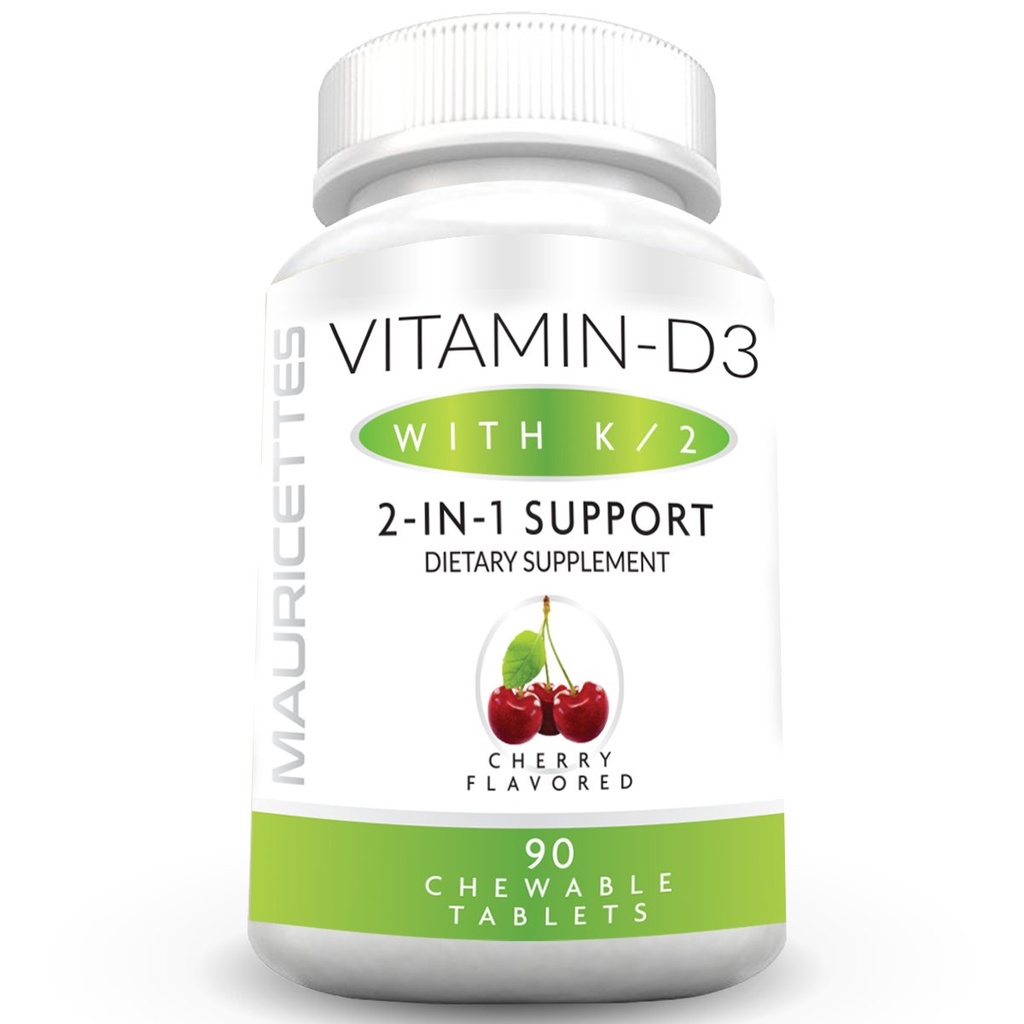 Mauricettes Chewable Vitamin D3 with K2 - 2-in-1 Bone & Heart Health Support - Immune Booster - 자연 체리 풍미 - 성인 및 어린이를위한 90 정제