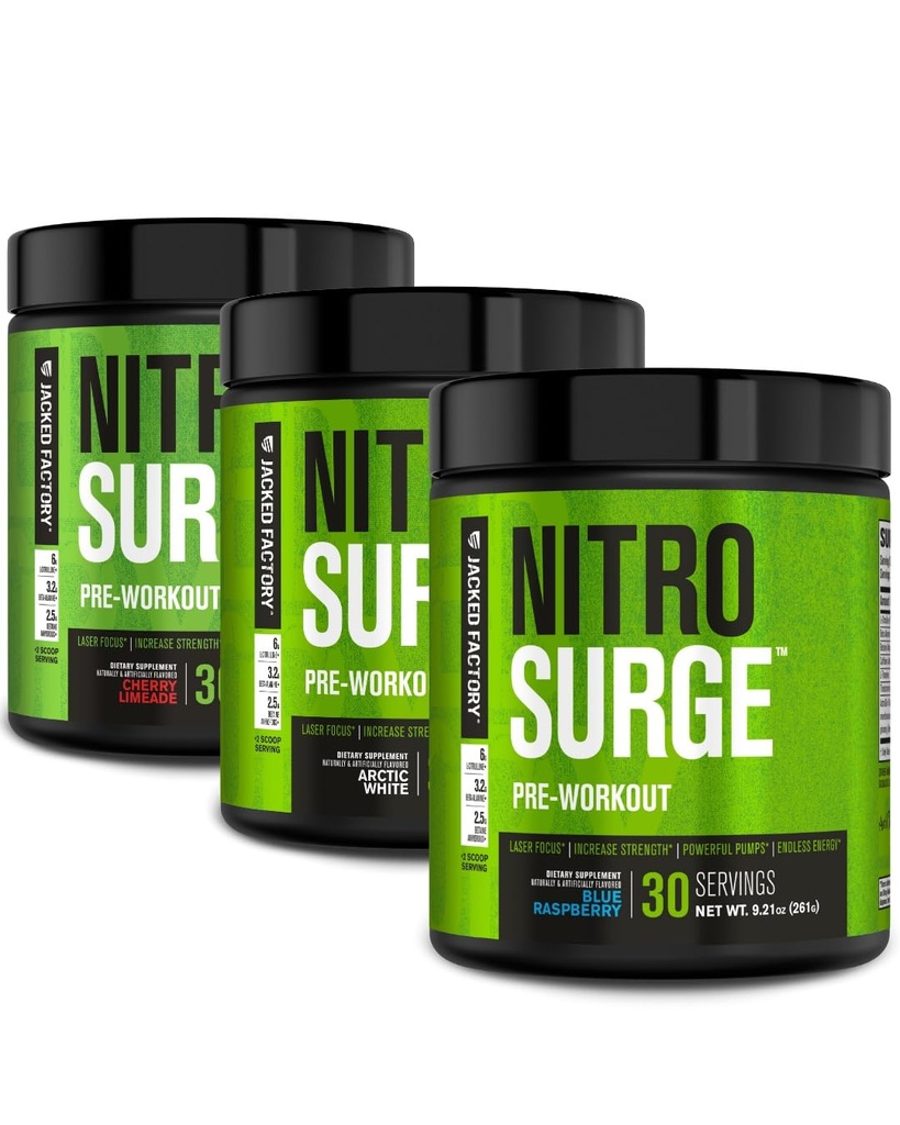 Jacked Factory NITROSURGE Pre Workout Supplement - Endless Energy, Instant Strength Gains, Clear Focus, Intense Pump | Cherry Limeade, Blue Raspberry, Arctic White (90 서빙)