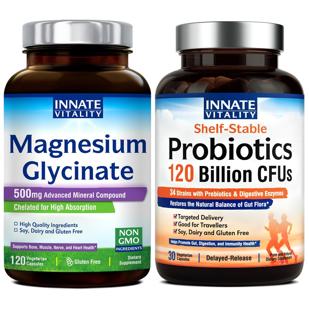 Innate Vitality Magnesium Glycinate & Probiotics 120 억 번들, Non-GMO, Gluten Dairy Soy & Vegan, 마그네슘 (120 모자) 및 프로 바이오 틱 (30 모자)