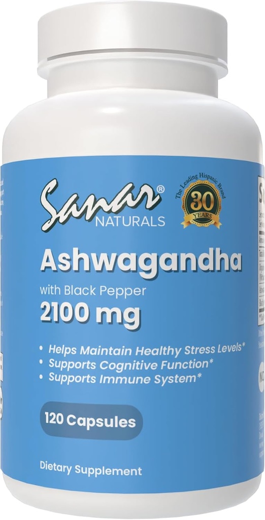Sanar Naturals Ashwagandha 2,100 mg - Stress & Mood Support Supplement - Focus 및 Sustained Energy, Ashwaghanda Powder 및 Black Pepper와 뿌리 추출물 혼합 촉진 - Non-GMO, 120 캡슐