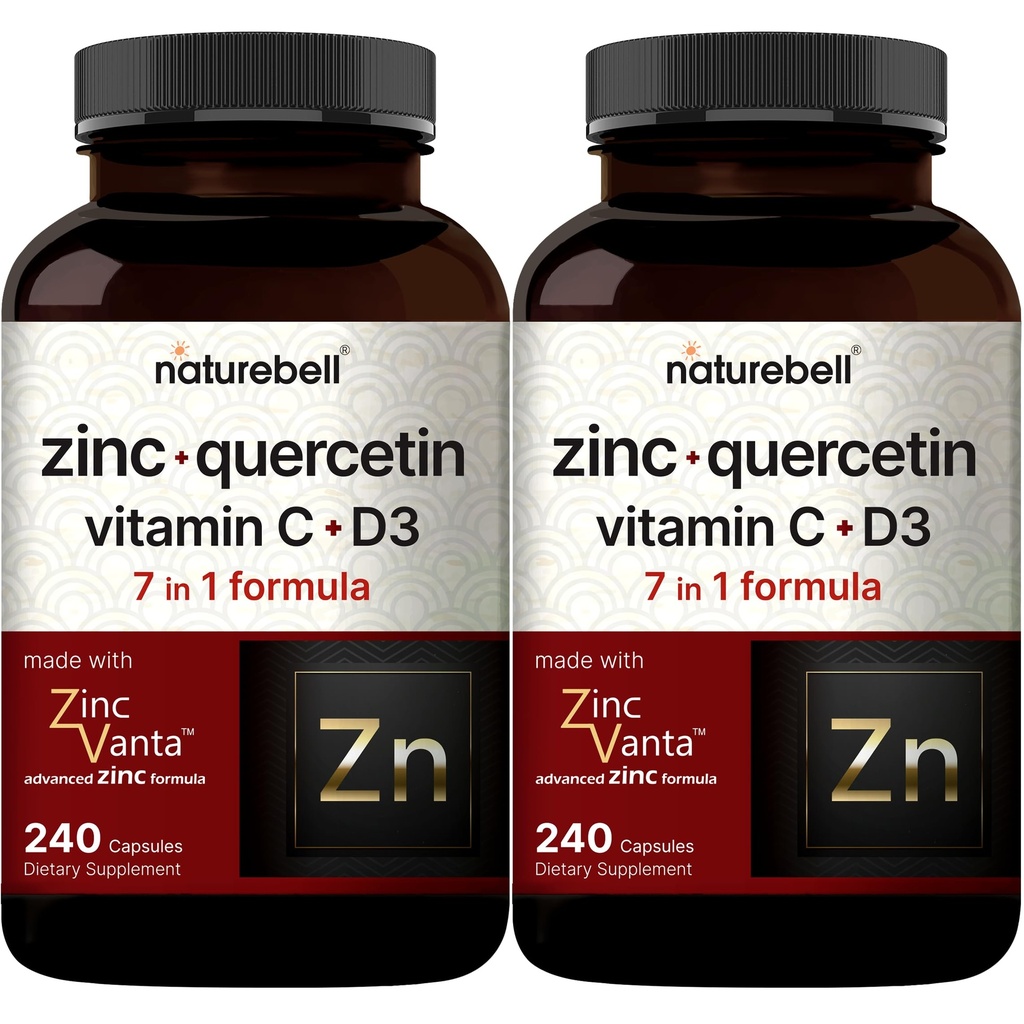 비타민 C & D3, 480 캡슐 (2 팩)를 가진 NatureBell 아연 Quercetin | Quercetin 1,000mg + 아연 50mg + 비타민 C 250mg + 비타민 D3 5,000 IU | 4-in-1 고급 면역 및 폐 지원 | 아연 산 공식