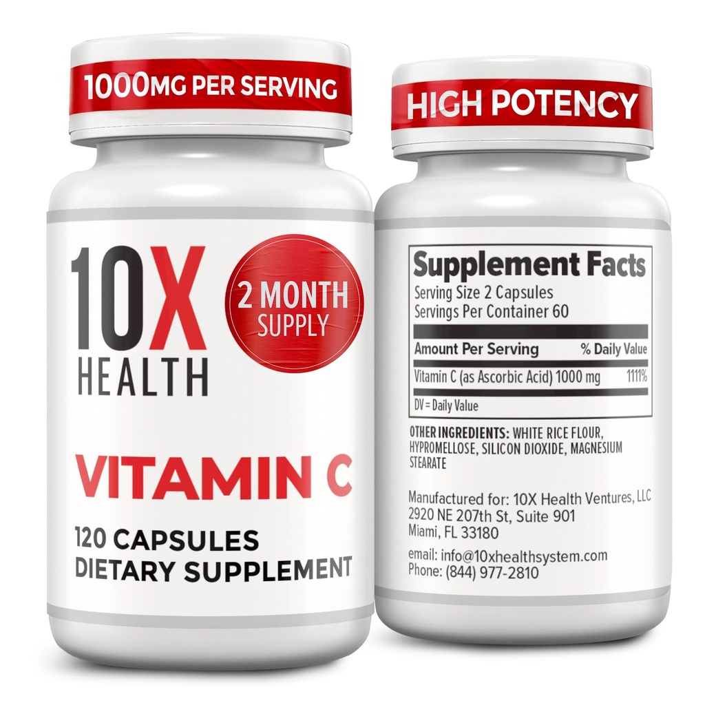 10X 건강 비타민 C 1000mg - 120의 캡슐 비타민 C, 면역성, 산화 방지제 보호를 위한 높은 복용량 아스코르브산, 성인을 위한 교원질 & 조직 지원 - 비타민 C 1000 mg - 비 GMO, 글루텐 자유로운