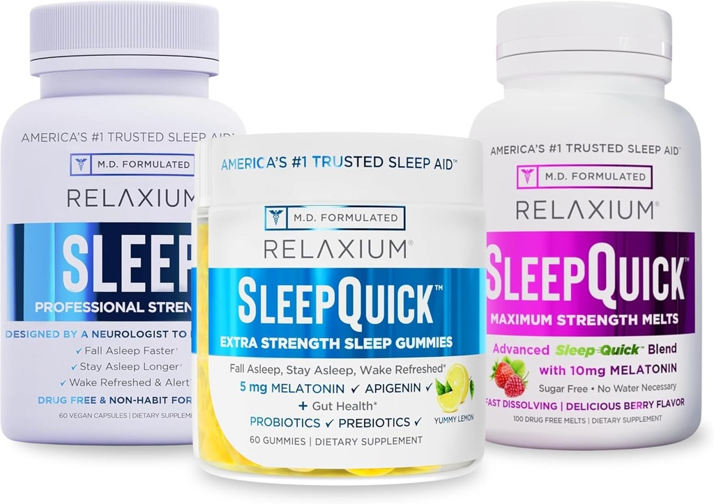 Relaxium Sleep | 60 캡슐 + 수면 퀵 멜트 + 구미 (가족 팩 수면 번들)