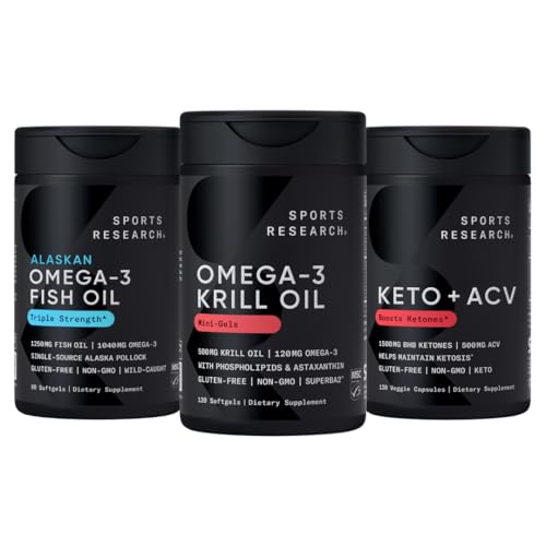 스포츠 연구 세겹 힘 Omega-3 물고기 기름, 남극 크릴 기름 + 포스포지, 선 & Astaxanthin 소형 Softgels, 애플 Cider Vinegar & 1500mg goBHB Exogenous 케톤의 ACV 500mg 플러스 Keto