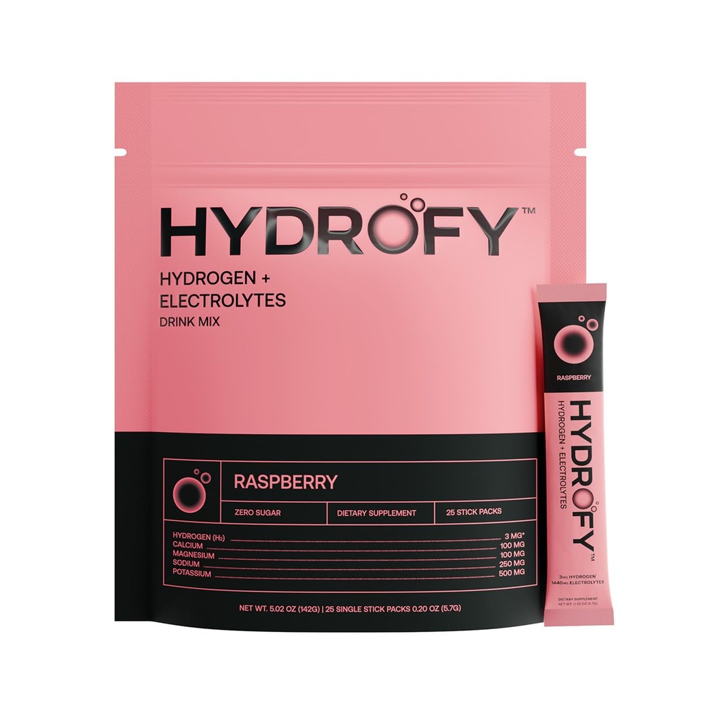 Hydrofy Hydrogen Water + Electrolytes 음료 혼합 | 분자 수소, 나트륨, 칼륨, 마그네슘, 칼슘, 미네랄이 함유 된 H2 하이드로 션 패킷 | 설탕 | 라즈베리 25 Ct
