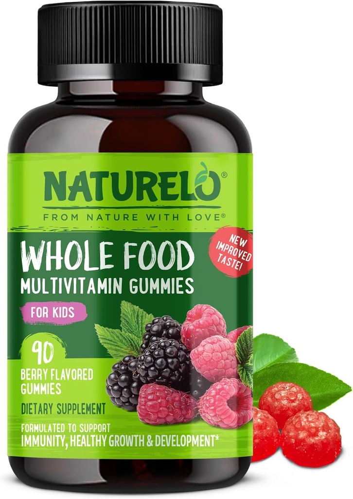 어린이를위한 NATURELO 전체 식품 비타민 Gummies - 아이들을위한 Chewable Gummy Multivitamin - 비 GMO - 비타민 및 미네랄 - 90 Vegan Gummies