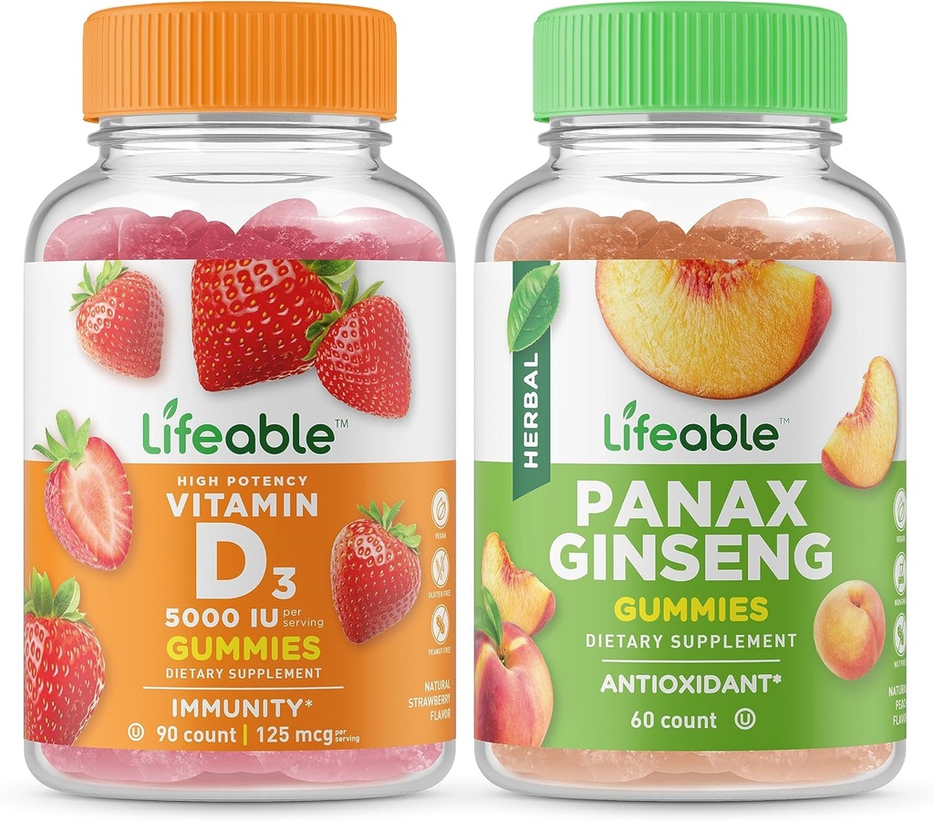 Lifeable Vitamin D 5000 IU + Panax Ginseng, Gummies 번들 - 훌륭한 타스팅, 비타민 보충, 글루텐 무료, GMO 무료, Chewable Gummy