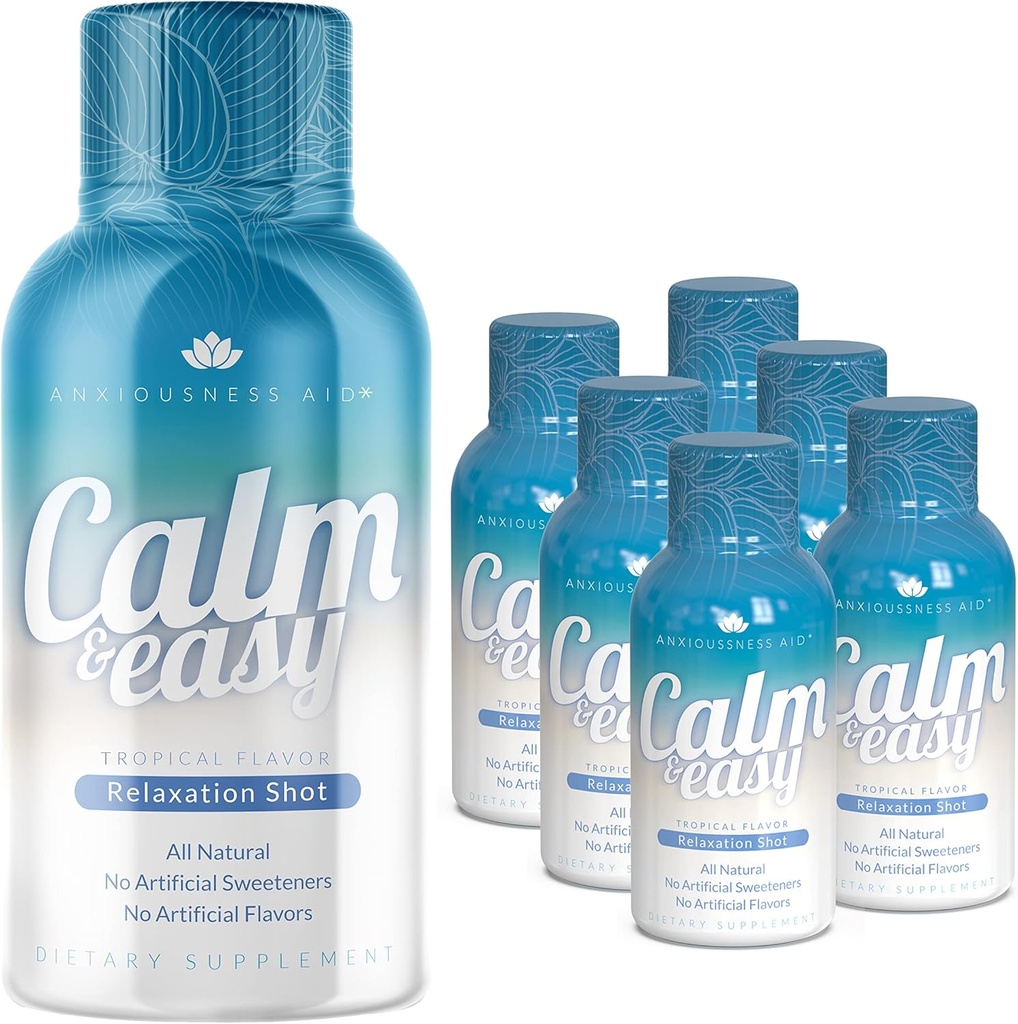 Calm & Easy - 천연 스트레스 완화 샷, KSM-66 Ashwagandha, Suntheanine L Theanine, Calming Adaptogen 음료, Relaxation, Focus 및 Mood | 2 oz 액체 병 (6 팩)