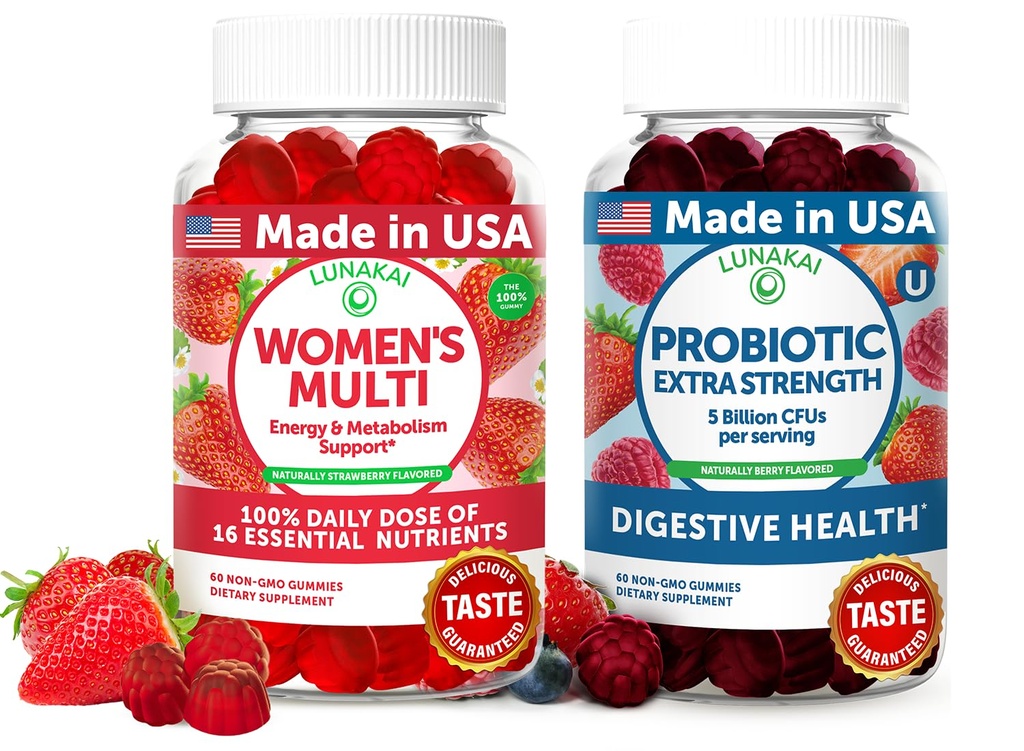 Lunakai USA Made Womens Multivitamin & Probiotic Gummies Bundle – 16 멀티 비타민 & 소화 지원을위한 프로바이오틱 – 60ct 각각