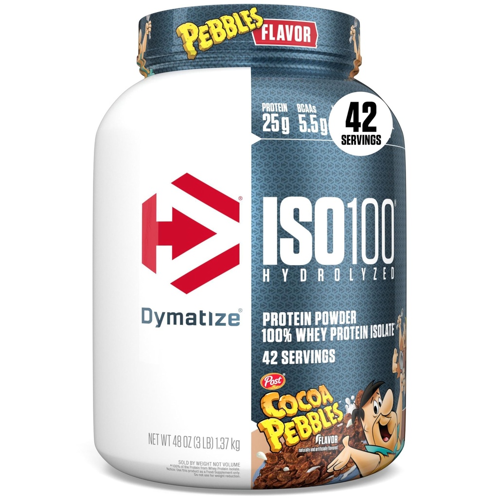 Dymatize x 코코아 Pebbles ISO100 Whey Protein Powder Isolate, 단백질 25g, 5.5g BCAAs, 120 Cal., 글루텐 무료, 1g 지방, 1g 설탕, 2g Carb (42 서빙)