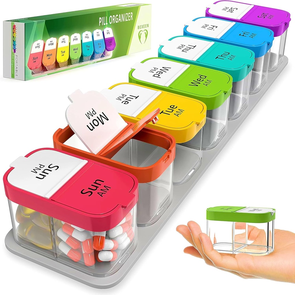 Extra Large Weekly Pill 주최자 - 7 Detachable AM PM Compartments가있는 XL 비타민 홀더 - 가정 및 여행을위한 휴대용 의학 분배기, Weekly 또는 Daily Use, Rainbow 용 Big Supplement Container