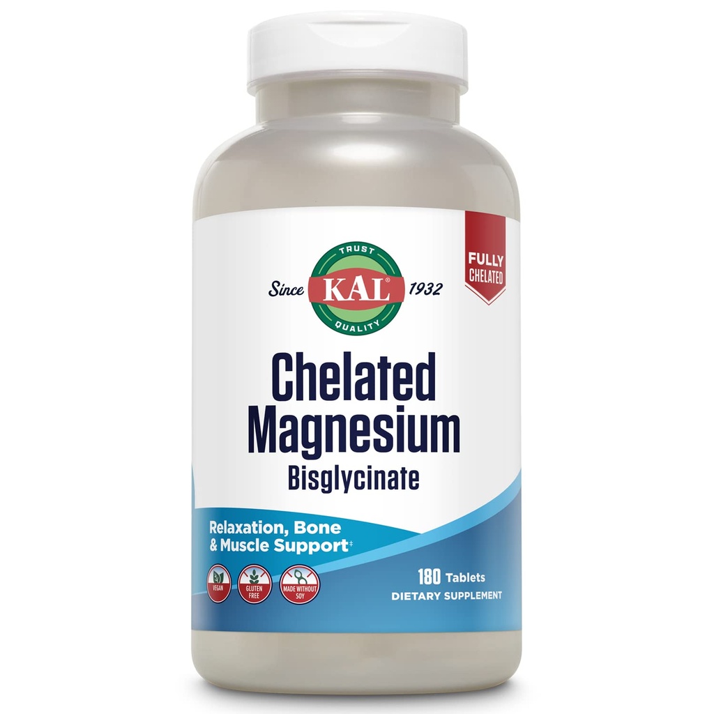 KAL Chelated 마그네슘 Bisglycinate, Relaxation를 위한 마그네슘 보충교재, 뼈 건강, Nerve & 근육 기능 Support*, 높은 흡수, Gentle Digestion, Vegan, 글루텐 자유로운, 60의 서빙, 180의 정제
