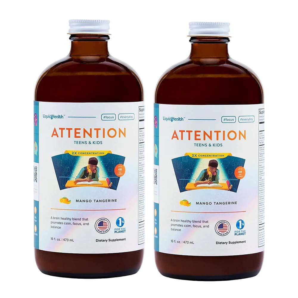 LIQUIDHEALTH 주의, 아이를 위한 액체 Multivitamin & 청소년 - 개량 기억 보유, 농도, 초점, 계류, Relaxation & Calming - 미국에서 만드는, 중대한 맛, Vegan, 설탕 자유로운 (2 팩)