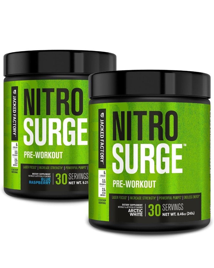 Jacked Factory NITROSURGE Pre Workout Supplement for Energy, Instant Strength Gains, Clear Focus, & Intense Pumps (블루 라즈베리, 30 서빙 & 북극 화이트, 30 서빙)