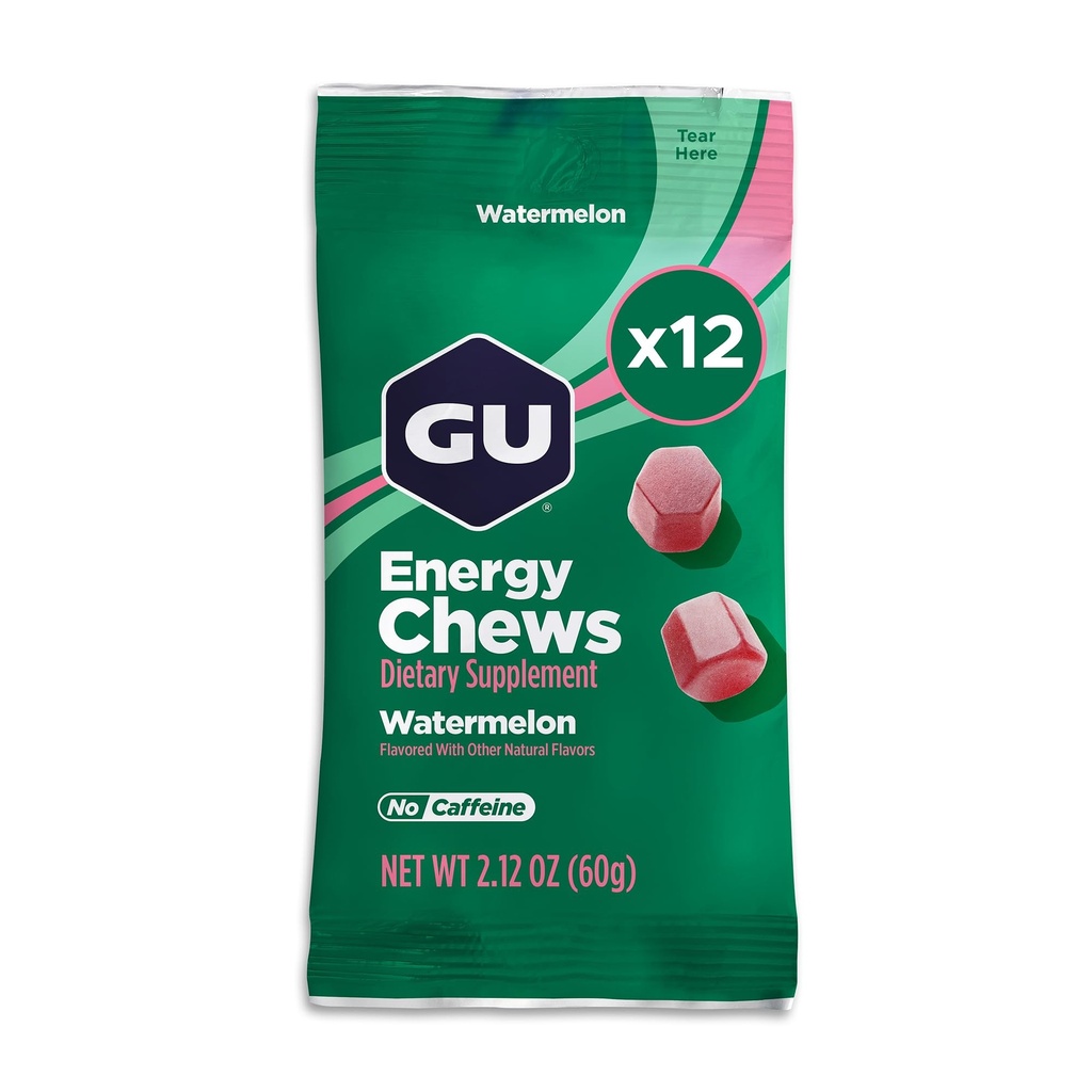 GU Energy Chews, 수박 에너지 Gummies Electrolytes, Vegan, Gluten-Free, Kosher, Caffeine-Free, 그리고 모든 운동을 위한 Dairy-Free On-The-Go 에너지, 12의 부대 (24의 서빙 합계)