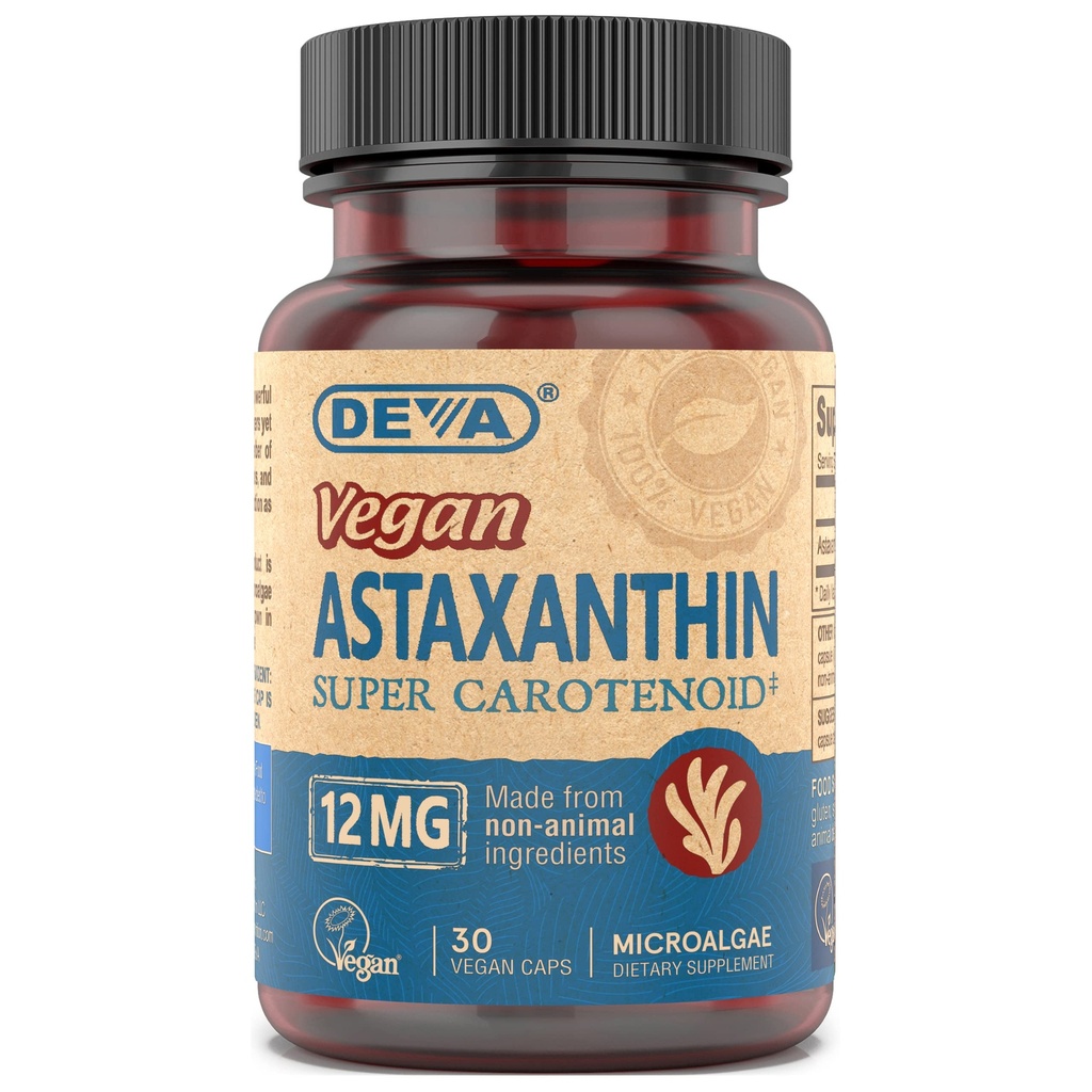 DEVA 영양 비타민 Astaxanthin 12mg, Vegan, Haematococcus Pluvialis Microalgae, 30 캡슐, 1 팩