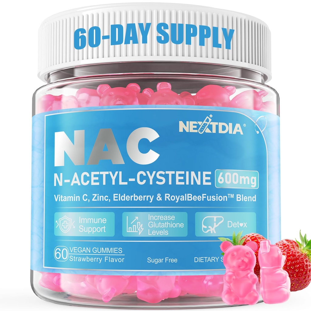 아이 & 성인을 위한 Nextdia NAC Gummies, Chewable N-Acetyl Cysteine 보충교재 600mg 1000mg w/Vitamin C, 아연, 산화 방지제 & 면역 지원, Lung & Liver 건강, 설탕 자유로운, 120 Ct를 위한 Elderberry