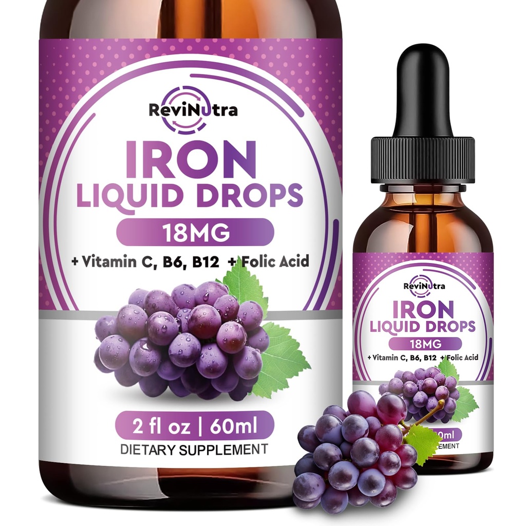 여성, 남성 및 어린이 용 액체 철 보충 - Folate, 비타민 C, B6, B12, Anemia, Red Blood Cell, Energy Support - 포도 맛, 2 Fl Oz