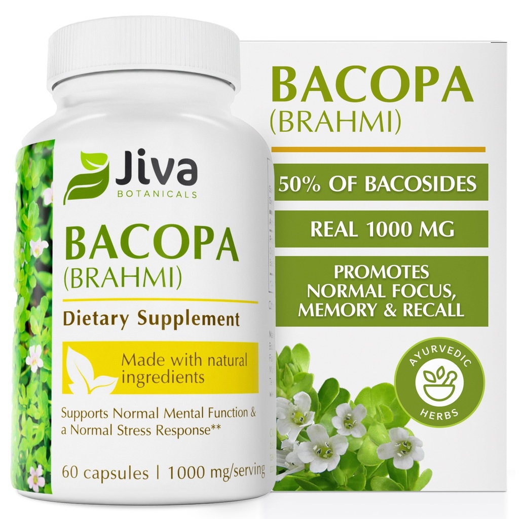 Jiva Botanicals Bacopa Monnieri 보충교재 순수한 1000mg 당 서빙 - 높은 Potency Bacopa Monnieri (Brahmi) & 정상 뇌, 초점, & 기억 지원을 위한 추출물 - Ayurvedic 허브 - 60의 캡슐