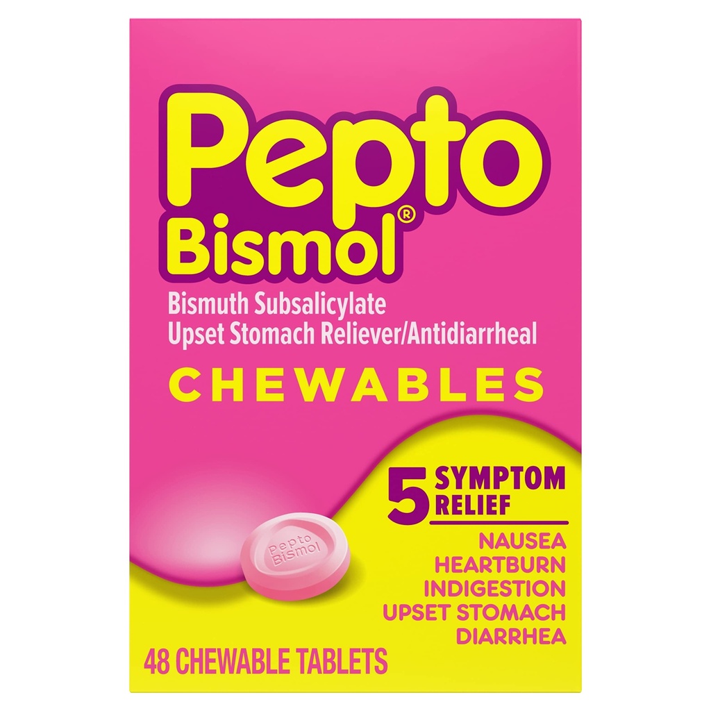 Nausea, Heartburn, Indigestion, Upset Stomach 및 Diarrhea를 위한 Pepto Bismol Chewable 정제 - 5개의 증상 빠른 기복, 본래 풍미, 48 ct