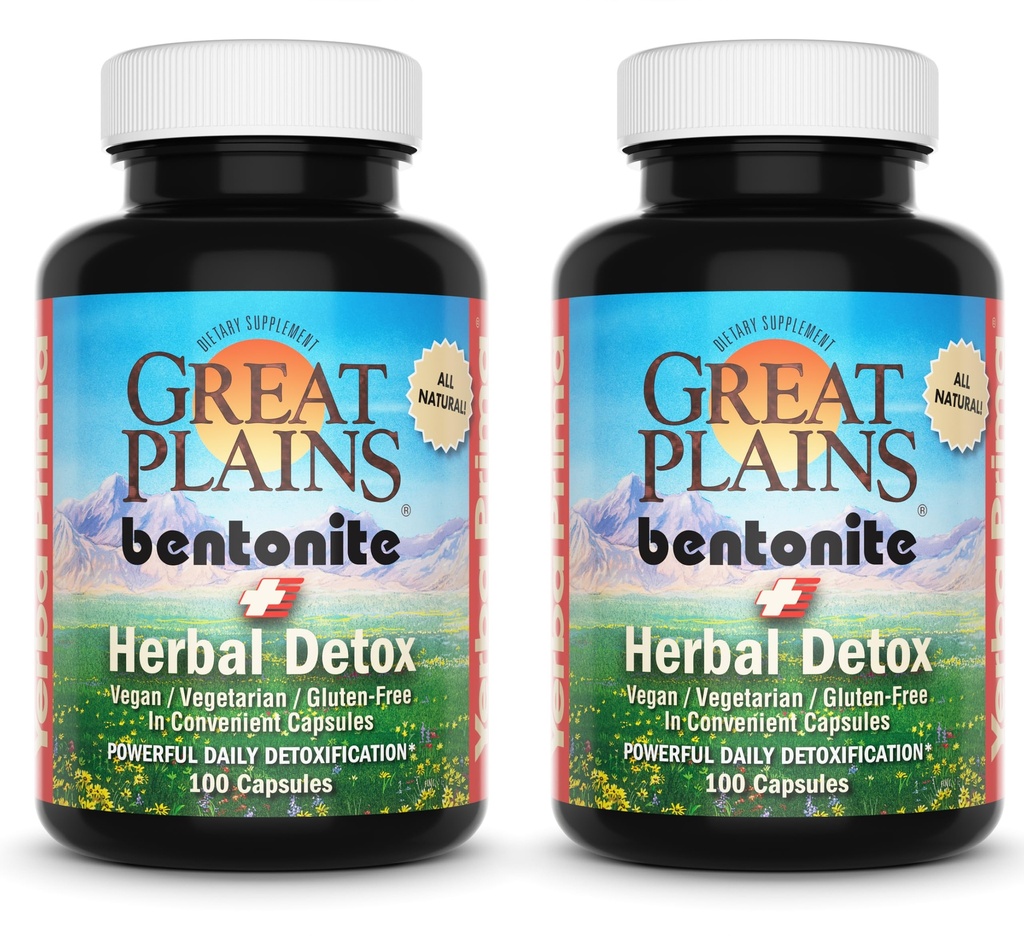 Yerba Prima Great Plains Bentonite Clay Caps Plus Herbal Detox (Pack of 2) - 식품 등급 - Liver & Colon Cleanse 보충 캡슐