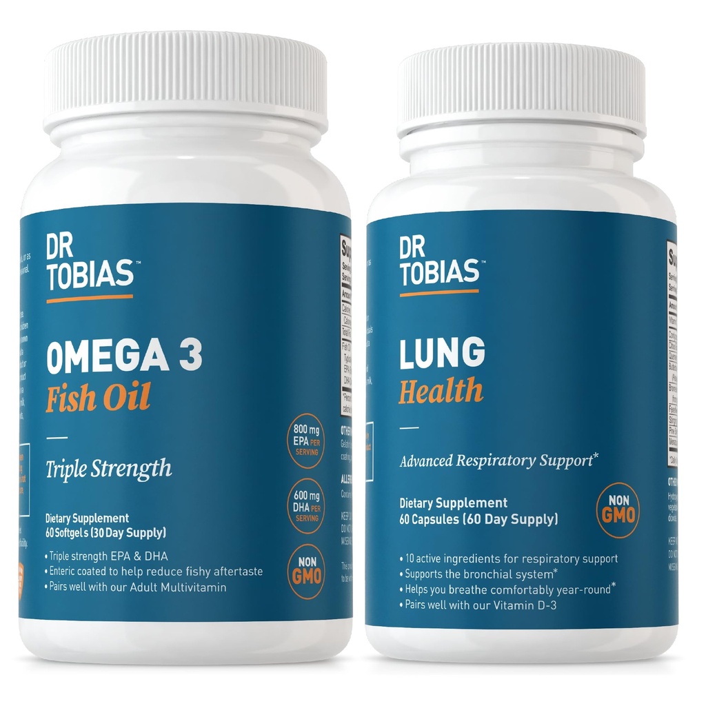 Dr. Tobias Omega 3 Fish Oil & Lung Health는 심장, 뇌 및 면역 지원, 기관 및 호흡 시스템 용 Lung Cleanse & Detox 공식, 60 캡슐을 보충합니다.