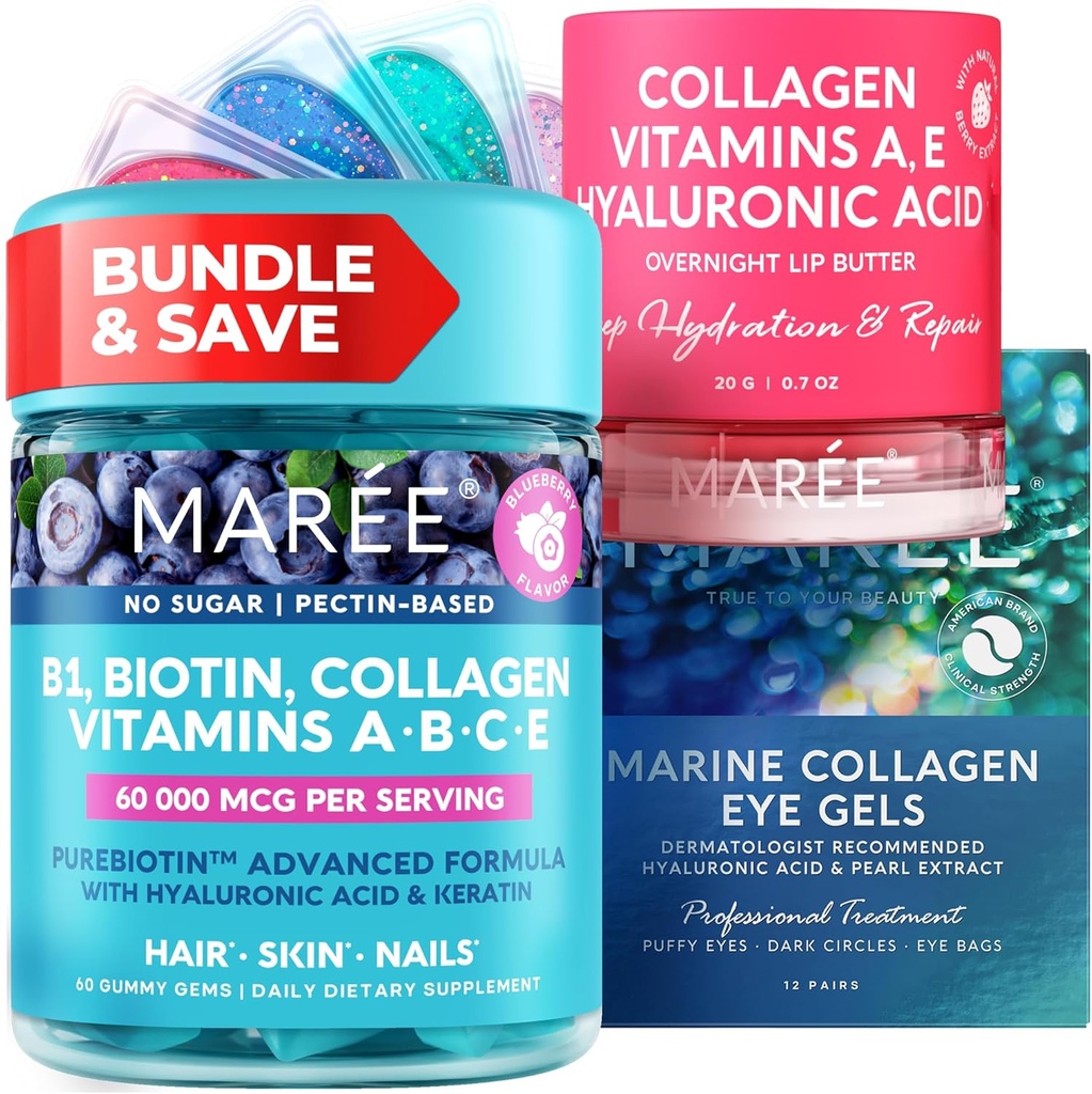 MAREE 번들 - 비타민 B1 Thiamine Gummies, 입술 마스크, 눈 젤 - A, E, D, C 비타민 - 교원질 & Hyaluronic 산 - 피부, 못, 머리 - 건조한 입술을 위한 가면을 위한 복잡한 - 뚱뚱한 눈을 위한 젤