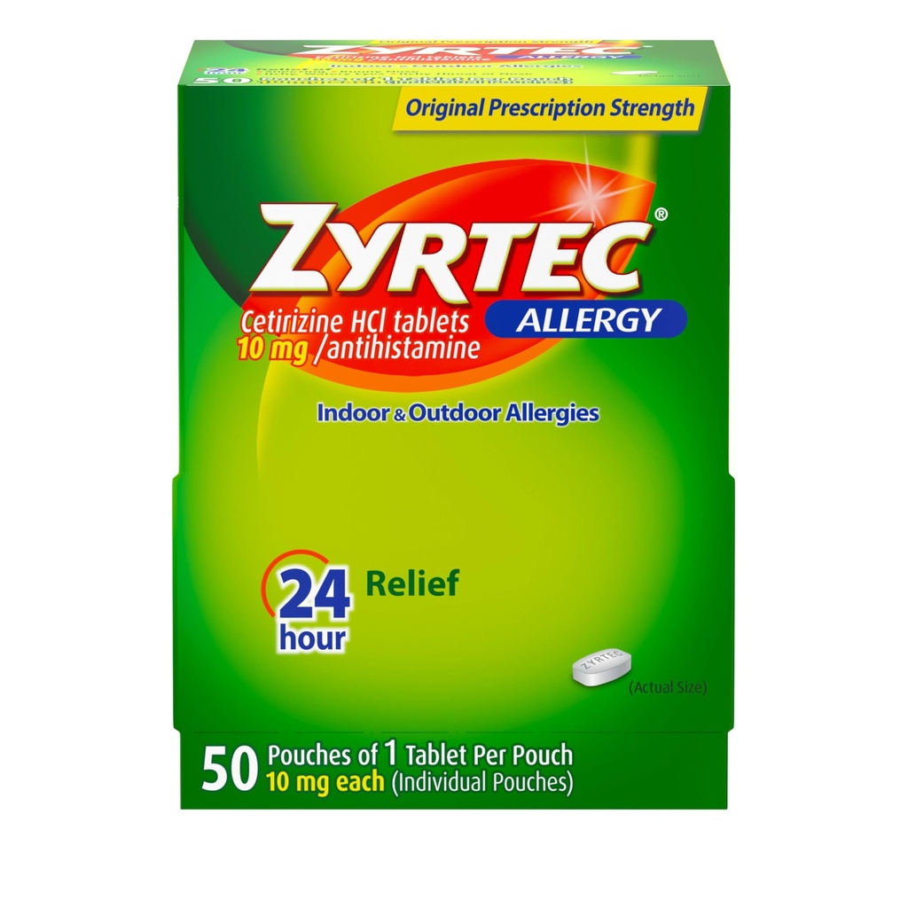 Zyrtec 24 시간 알레르기 완화 정제, 개별적으로 실내 및 실외 알레르기 약 10 mg Cetirizine HCl Antihistamine 정제 당 1 정제, 팩 당 1 정제, 50 ct Dispensit 팩