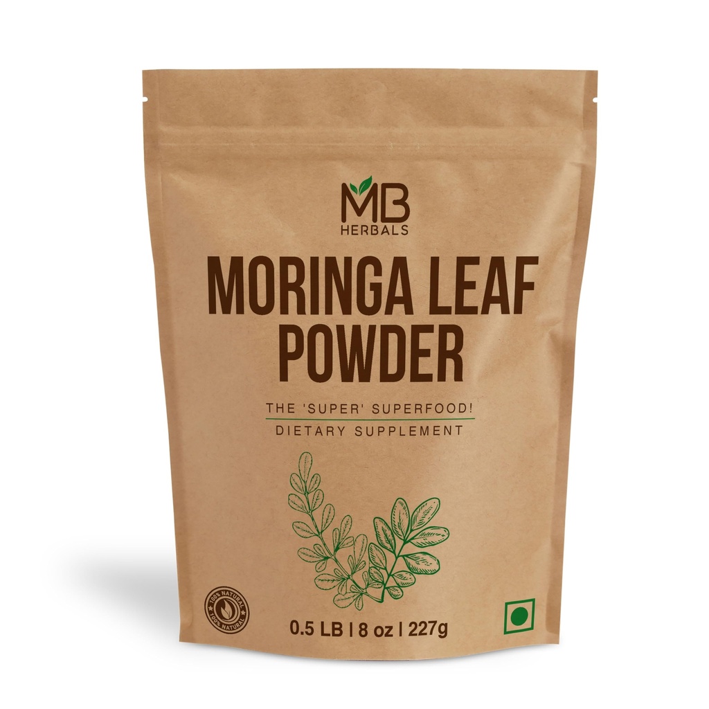 MB 허브 모링가 잎 분말 8 oz (227g / 0.5 LB) | 100 % 순수한 모링가 분말 | 음료 및 스무디에서 쉽게 혼합 | 보존제