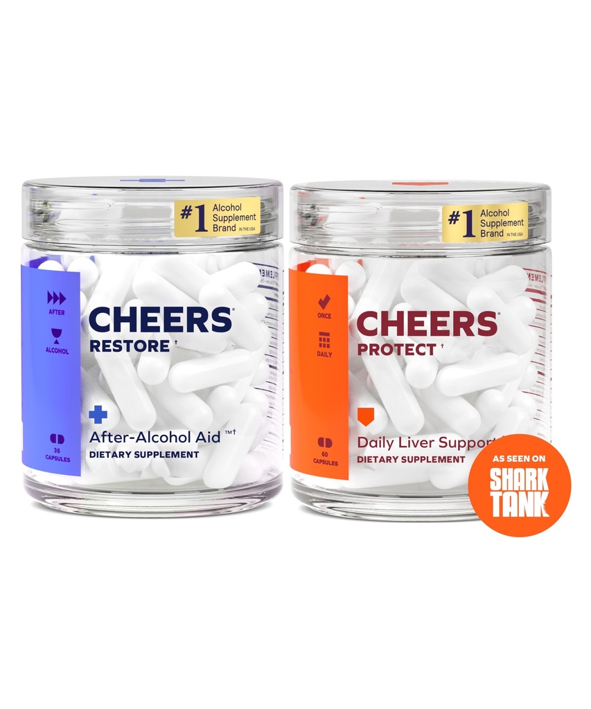 Cheers Liver Combo | Restore + Protect | 지원 라이브 & Feel Better 애프터 음주 | DHM, L-Cysteine, 밀크 이틀, Prickly Pear, B-Vitamins | 12 복용량 복원, 30 복용량 보호 | 보충제