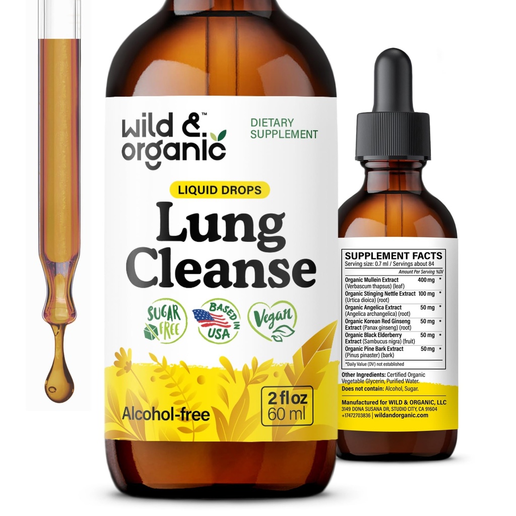 야생 & 유기 Lung Cleanse Tincture - Lungs를위한 Mullein 잎 추출물 - 초본 Detox 보충제 - Vegan, Sugar & Alcohol-Free Mullein Drops - 2 fl oz